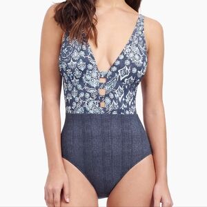 Profile Gottex Flores Halterneck One-Piece Swimsuit Size 14 Boho Denim Paisley